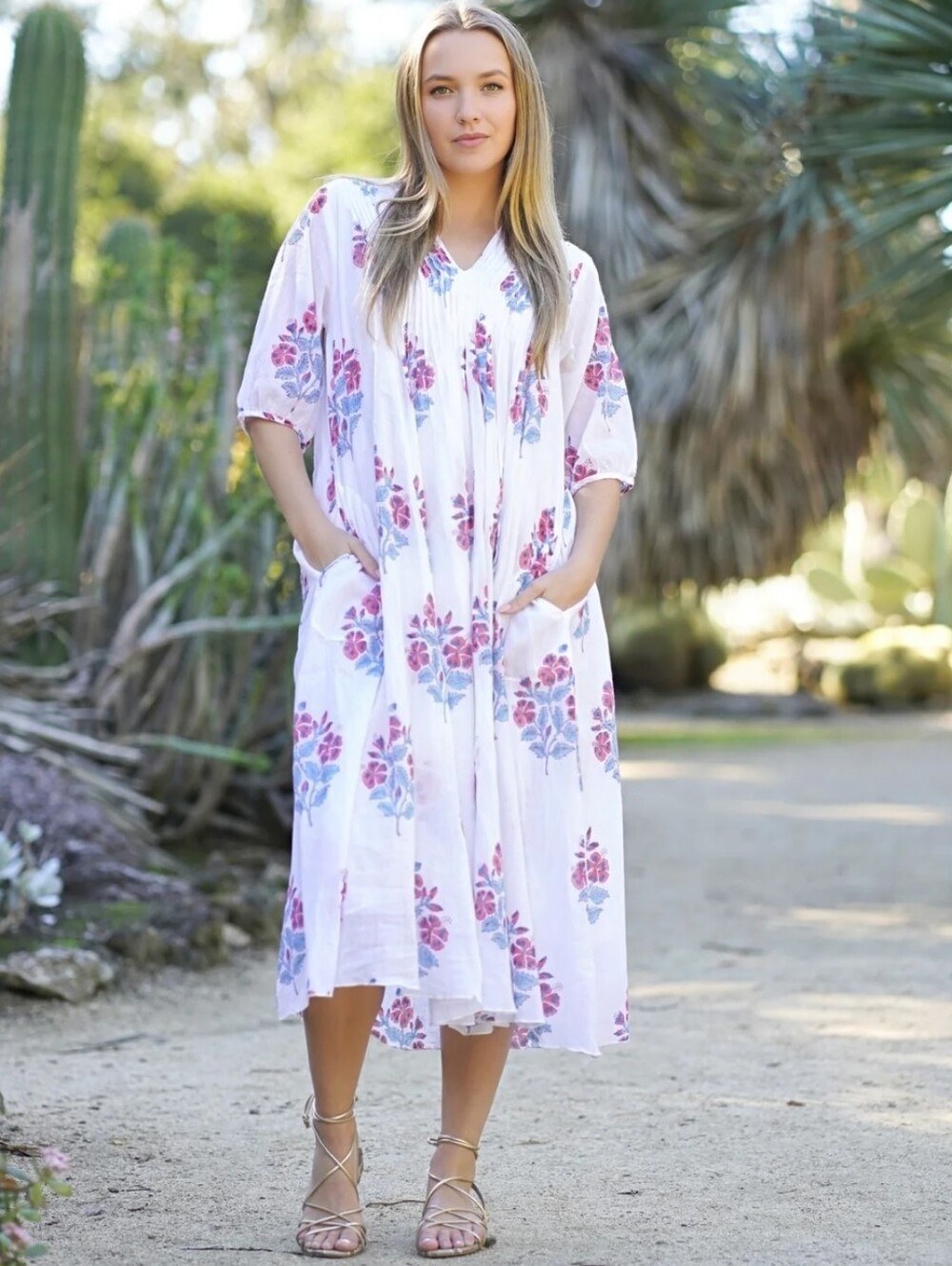Dolma Skye Dress Block Printed White Multi 1/2 Sleeve Midi Women's Small Pockets